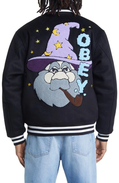 Shop Obey Wizard Wool Blend Varsity Jacket In Black