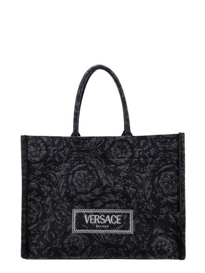 Shop Versace Athena Barocco Jacquard Large Tote Bag In Black