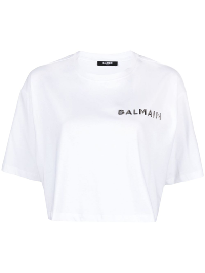 Shop Balmain White Logo-appliqué Cropped T-shirt
