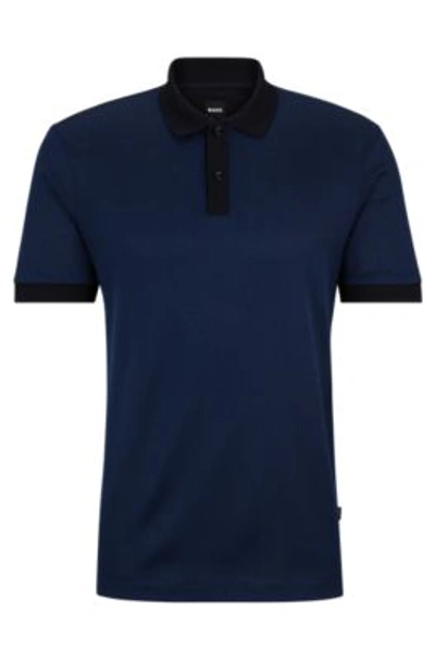 Shop Hugo Boss Structured-cotton Polo Shirt With Mercerized Finish In Dark Blue