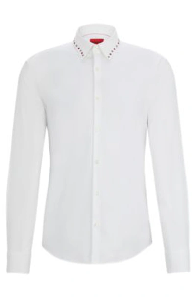 Shop Hugo Slim-fit Shirt In Stretch Cotton With Studded Collar In White