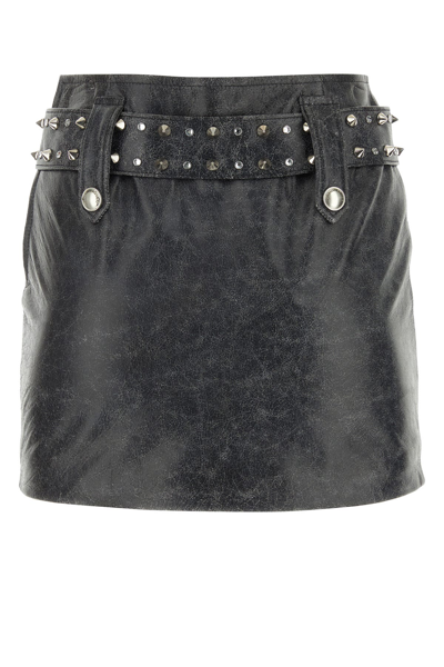 Alessandra Rich Leather Mini Skirt With Belt And Appliques In Gray
