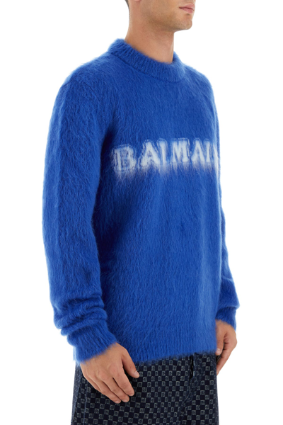 Balmain Maglione In Misto Lana Blu Elettrico   Uomo