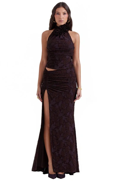 House Of Cb Adrielle Floral Burnout Skirt In Brown Leather