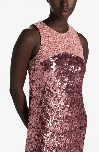 St John Tweed-yoke Sleeveless Sequin Dress In Rouge Metallic Multi