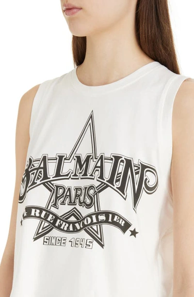 Shop Balmain Western Print Crop Cotton Logo Graphic Tank Top In Gab White/ Black