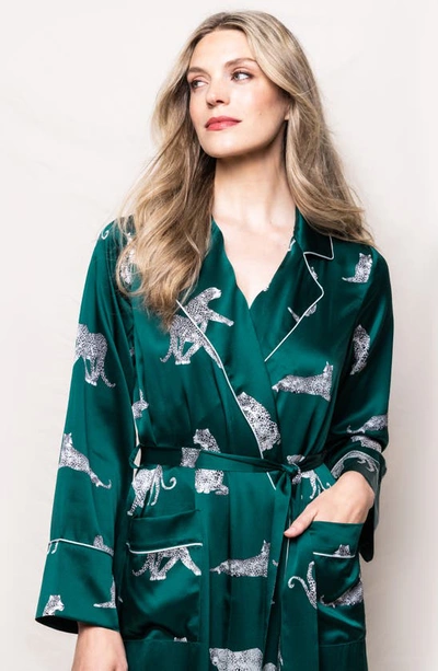 Shop Petite Plume Panther Print Piped Mulberry Silk Robe In Green