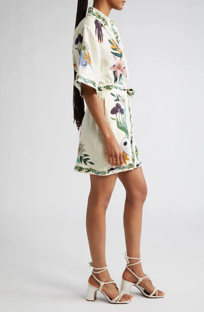 Shop Alemais Megan Belted Mini Linen Shirtdress In Cream