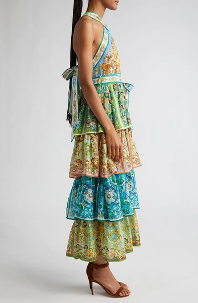 Shop Alemais Dreamer Floral Belted Tiered Linen & Ramie Maxi Sundress In Multi Green/ Blue