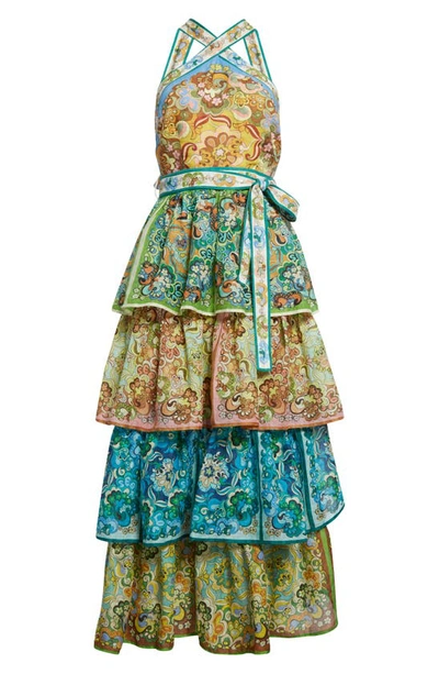 Shop Alemais Dreamer Floral Belted Tiered Linen & Ramie Maxi Sundress In Multi Green/ Blue