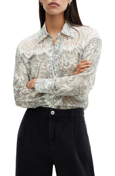 Shop Mango Paisley Print Lace Inset Button-up Shirt In Off White