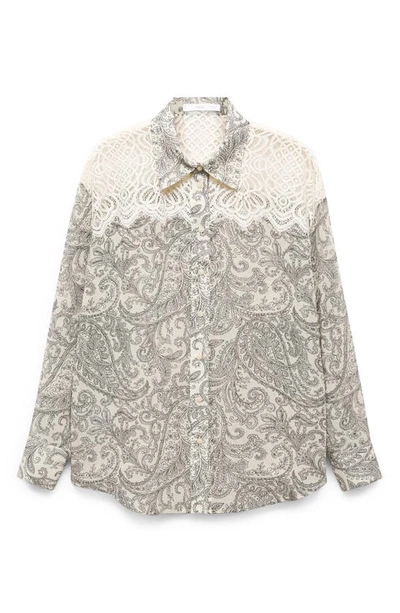 Shop Mango Paisley Print Lace Inset Button-up Shirt In Off White