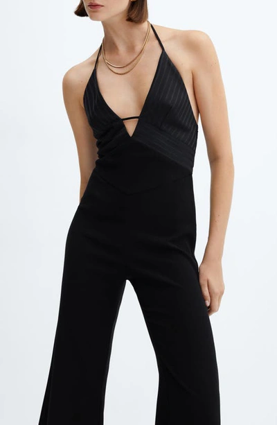 Mango Halter Neck Flare Leg Jumpsuit In Black