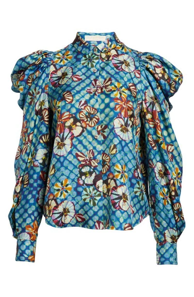 Shop Ulla Johnson Dari Floral Print Puff Shoulder Shirt In Azul