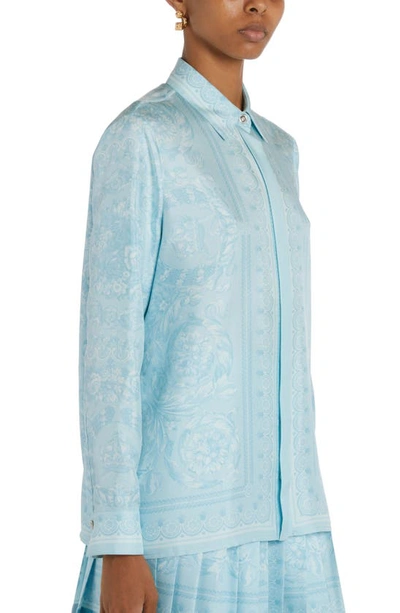 Shop Versace Barocco Print Silk Button-up Shirt In Pale Blue