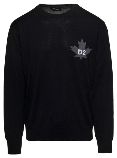 Shop Dsquared2 'd2 Leaf' Black Sweater With Jacquard Logo At The Front In Wool Man
