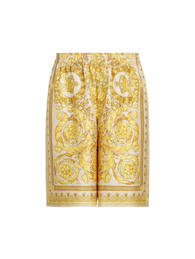 Shop Versace Men's Printed Silk Shorts In Champagne