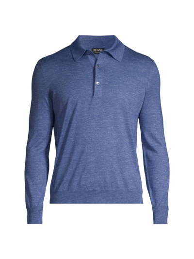Shop Ermenegildo Zegna Men's Crossover Silk & Cashmere-blend Long-sleeve Polo Shirt In Cenote Blue