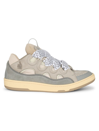 Shop Lanvin Men's Suede Curb Sneakers In Grey