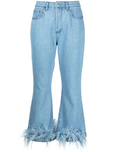 Shop Marques' Almeida Blue Feather Trim Flared Jeans