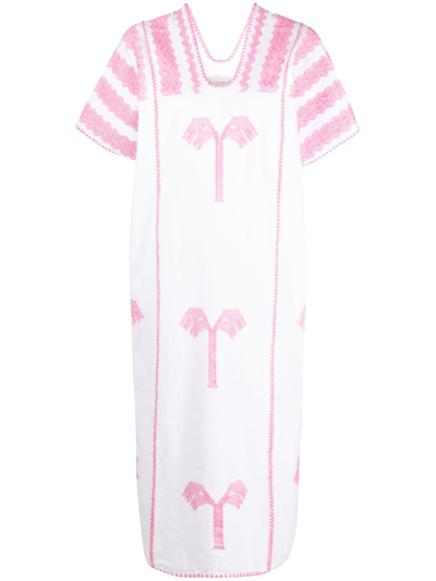 Shop Pippa Holt Pink Embroidered Cotton Midi Dress In White