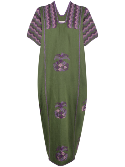 Shop Pippa Holt Green Embroidered Cotton Midi Dress In Purple