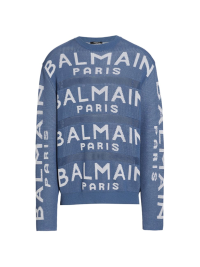 Shop Balmain Men's  Knit Crewneck Sweater In Blue White