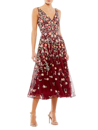 Shop Mac Duggal Women's Cocktail Floral Embroidered V-neck Midi-dress In Burgundy Multi