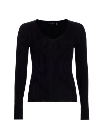 Shop Theory Women's Rib-knit Wool-blend V-neck Top In Black