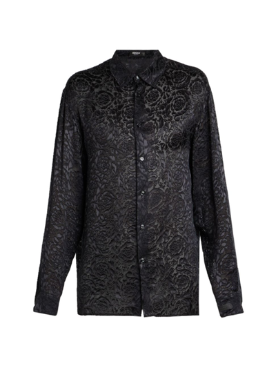 Shop Versace Men's Barocco Semi-sheer Evening Shirt In Black