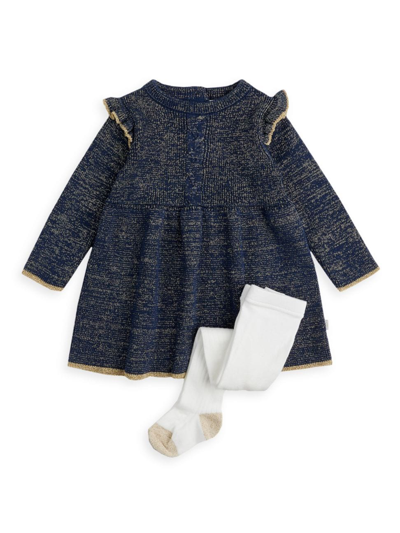 Shop Firsts By Petit Lem Baby Girl's Metallic Knit Sweater Dress & Tights Set In Navy