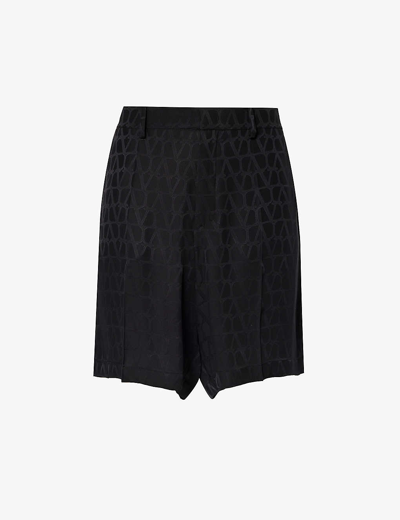 Shop Valentino Garavani Men's Iconograph Nero Vlogo Jacquard-pattern Silk Shorts