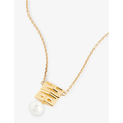 Shop Givenchy Womens Golden Yellow Logo-engraved Pearl-embellished Brass Pendant Necklace