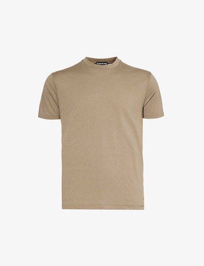 Shop Tom Ford Men's Pale Army Brand-embroidered Crewneck Woven T-shirt