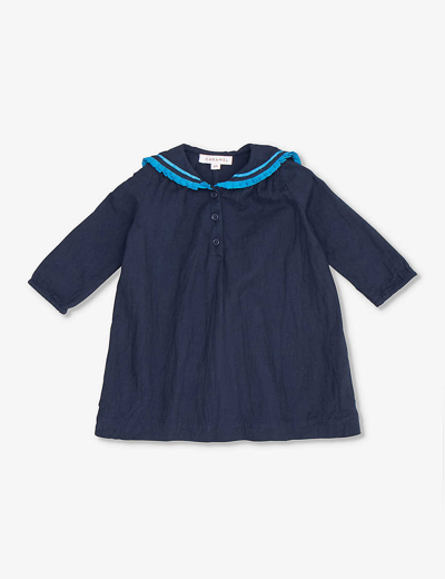 Shop Caramel Dark Vy Laila Embroidered-trim Cotton Dress 12-24 Months In Navy