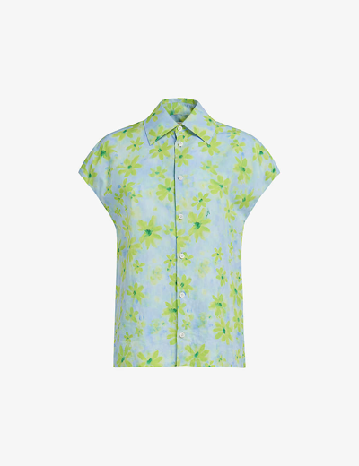 Shop Marni Women's Aquamarine Floral-print Relaxed-fit Cotton Shirt