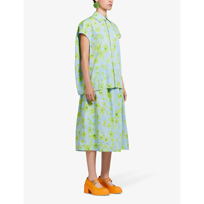 Shop Marni Women's Aquamarine Floral-print Relaxed-fit Cotton Shirt