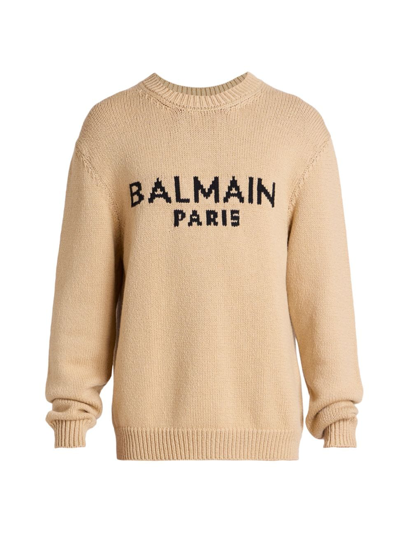 Shop Balmain Men's Logo Wool-blend Sweater In Beige Black