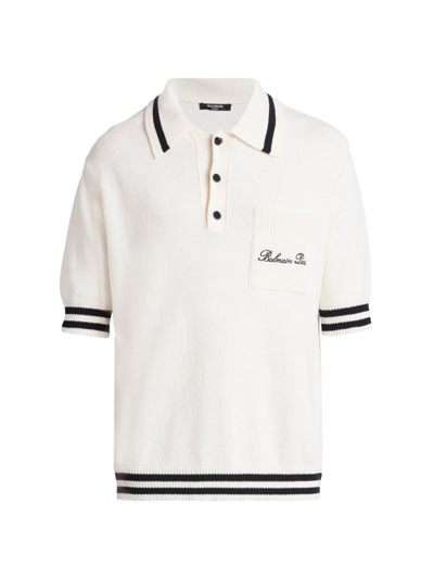Shop Balmain Men's Logo Signature Polo Shirt In Natural Black