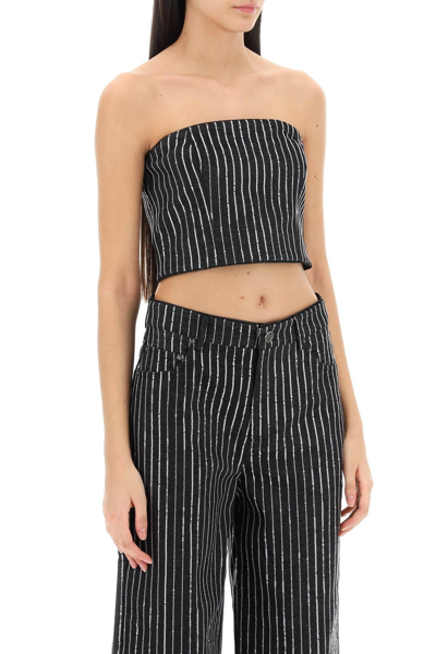 Shop Rotate Birger Christensen Cropped Top With Sequined Stripes In Black