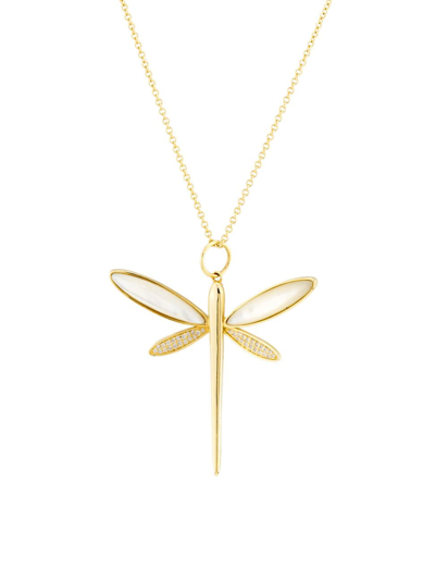 Shop Nina Gilin Women's 14k Yellow Gold, 0.38 Tcw Diamond & Mother-of-pearl Dragonfly Pendant Necklace