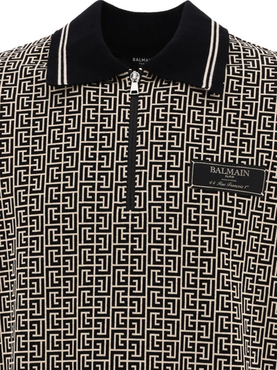 Shop Balmain Monogram Zip Polo Shirt In Black
