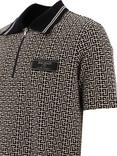 Shop Balmain Monogram Zip Polo Shirt In Black