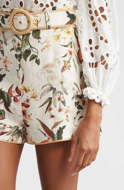 Shop Zimmermann Lexi Tropical Floral Belted Raffia Trim Linen Shorts In Ivory Palm