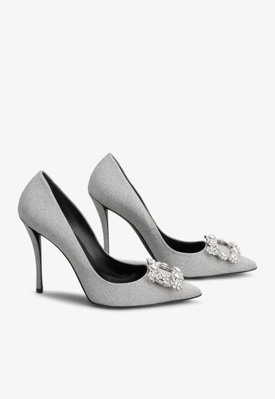 Shop Roger Vivier 100 Crystal Flower Buckle Pumps In Glitter Fabric In Silver