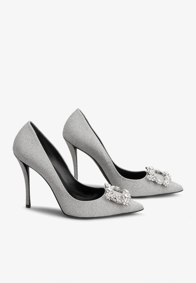 Roger Vivier 100 Crystal Flower Buckle Pumps In Glitter Fabric In Silver