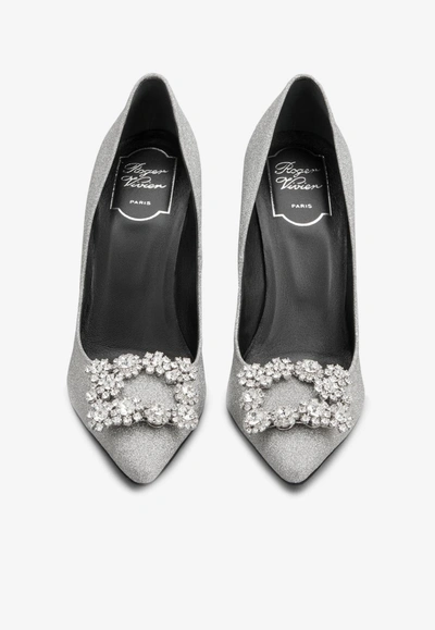 Shop Roger Vivier 100 Crystal Flower Buckle Pumps In Glitter Fabric In Silver