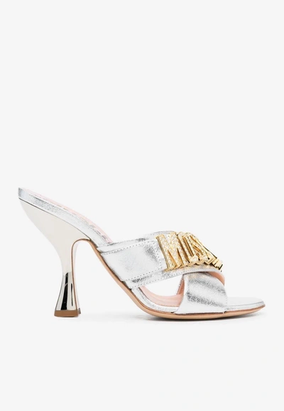 Shop Moschino 100 Crystal Logo Sandals In Metallic Leather In Silver