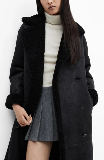 Shop Mango Double Breasted Faux Shearling Coat In Black