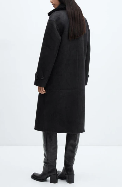 Shop Mango Double Breasted Faux Shearling Coat In Black
